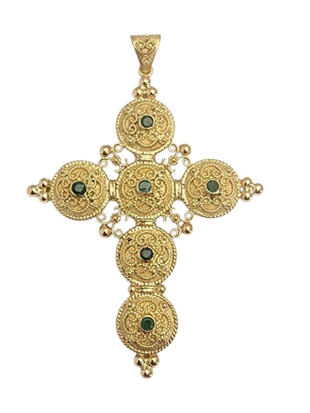 18K Yellow Gold Ornate Emerald Cross Filigree Pendant #25862